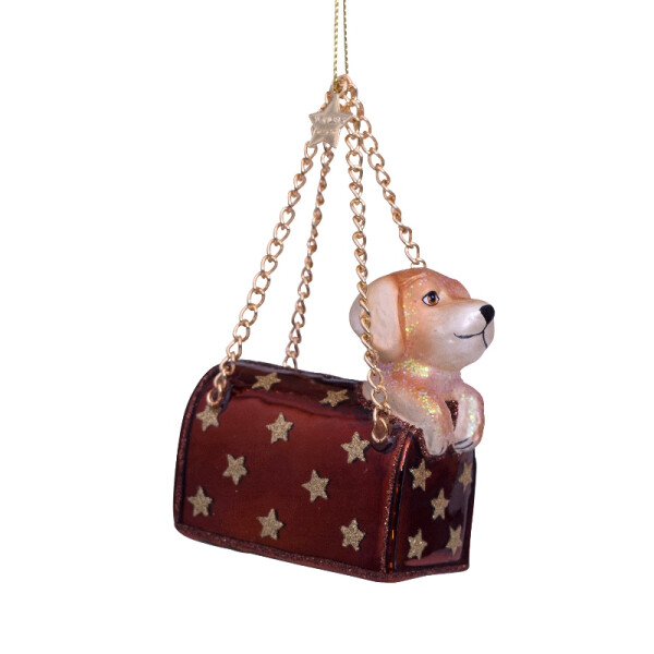 Vondels - Christbaumschmuck aus Glas - Brown opal bag with labrador puppy 7cm