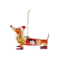 Vondels - Christbaumschmuck aus Glas - dachshund with christmas hat / kleiner Dackel mit Weihnachtshut 9,5cm