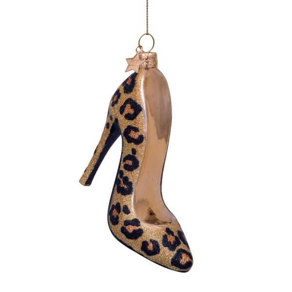 Vondels - Christbaumschmuck aus Glas - gold glitter leopard High heel - Damenschuh / Pump Leo-Print 10cm