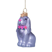 Vondels - Christbaumschmuck aus Glas - Gray rabbit with flower necklace - Hase grau mit Blumenhalsband 8,5cm