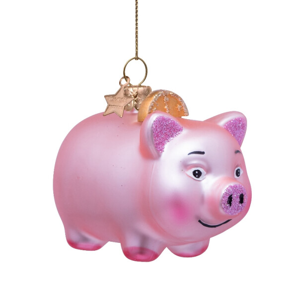 Vondels - Christbaumschmuck aus Glas - Pink matt piggy bank with coin 5,5cm