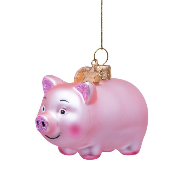 Vondels - Christbaumschmuck aus Glas - Pink matt piggy bank with coin 5,5cm