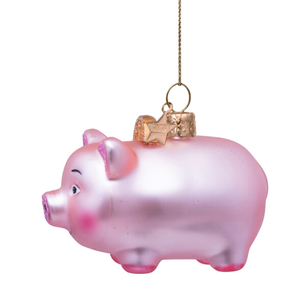 Vondels - Christbaumschmuck aus Glas - Pink matt piggy bank with coin - Sparschwein pink mit Münze 5,5cm
