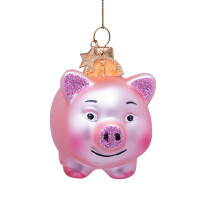 Vondels - Christbaumschmuck aus Glas - Pink matt piggy bank with coin - Sparschwein pink mit Münze 5,5cm