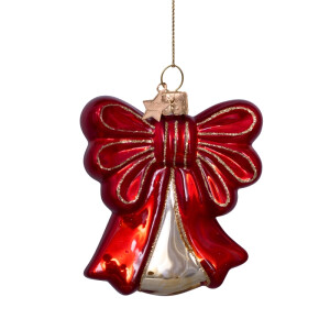 Vondels - Christbaumschmuck aus Glas - Red shiny bow - Glocke mit roter Schleife 8,5cm