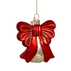 Vondels - Christbaumschmuck aus Glas - Red shiny bow - Glocke mit roter Schleife 8,5cm