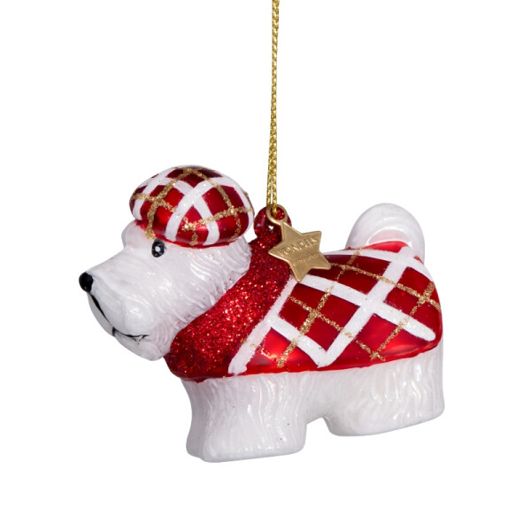 Vondels - Christbaumschmuck aus Glas - White scottish terrier with red shirt 6cm