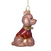 Vondels - Christbaumschmuck aus Glas - Mid brown opal poodle with shirt - Pudel mit rotem Shirt 10cm