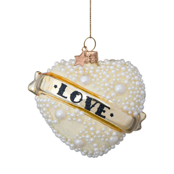 Vondels - Christbaumschmuck aus Glas - White heart with pearls LOVE 8,5cm