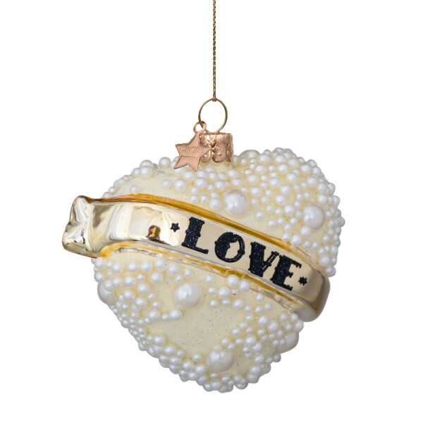 Vondels - Christbaumschmuck aus Glas - White heart with pearls LOVE 8,5cm