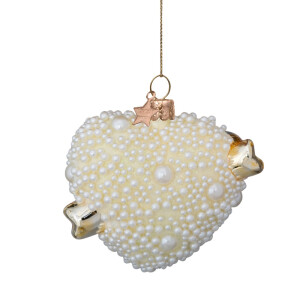 Vondels - Christbaumschmuck aus Glas - White heart with pearls LOVE - weißes Herz mit Perlen 8,5cm