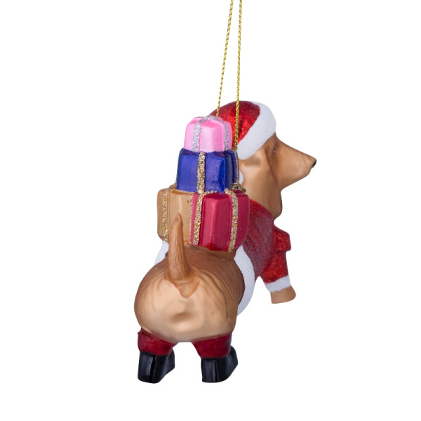 Vondels - Christbaumschmuck aus Glas - red Santa dachshund with gifts - roter Dackel als Weihnachstmann mit Geschenken 7,5cm