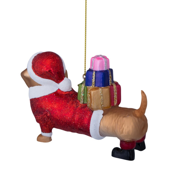 Vondels - Christbaumschmuck aus Glas - red Santa dachshund with gifts - roter Dackel als Weihnachstmann mit Geschenken 7,5cm