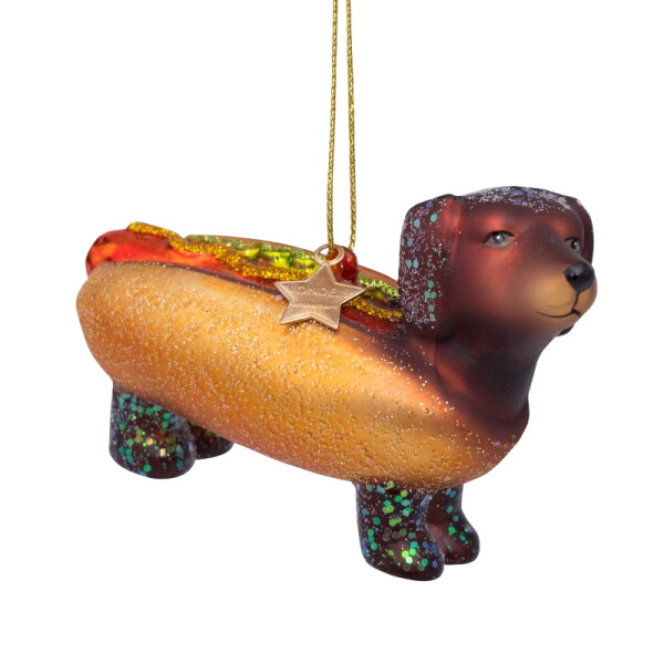 Vondels - Christbaumschmuck aus Glas - hot dog dachshund - Hot-dog Dackel 6cm