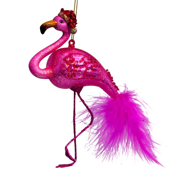 Vondels - Christbaumschmuck aus Glas - fuchsia flamingo with christmas hat - Flamingo mit Weihnachtshut 15cm