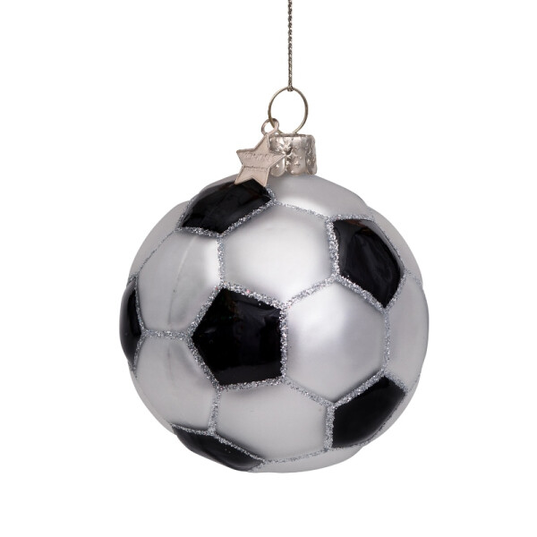 Vondels - Christbaumschmuck aus Glas - white/black glitter football - Fussball Glitter schwarz/weiß 7cm