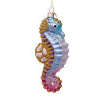 Vondels - Christbaumschmuck aus Glas - blue / gold seahorse with shells / Seepferdchen 13,5cm