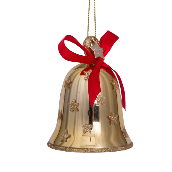 Vondels - Christbaumschmuck aus Glas - shiny gold bell with red bow / goldene Glocke mit rotem Band 8cm