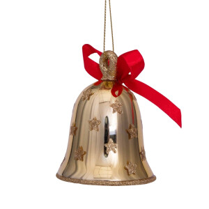 Vondels - Christbaumschmuck aus Glas - shiny gold bell with red bow / goldene Glocke mit rotem Band 8cm