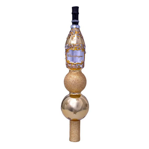 Vondels - Christbaumschmuck aus Glas / Christbaumspitze - gold with champgane bottle / Champagnerflasche gold 26cm