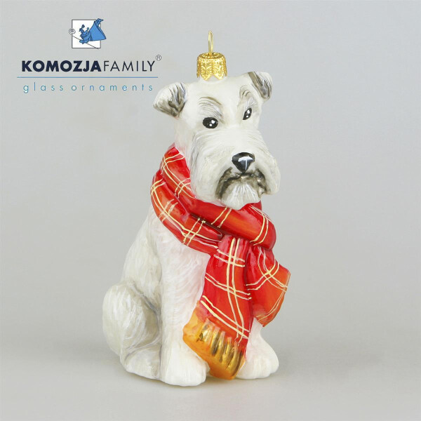 KOMOZJA family - Christbaumschmuck - WHITE DOG wearing red scarf / Weißer Hund mit rotem Schal
