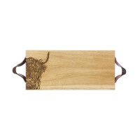 SelbraeHouse - Servierbrett aus Eichenholz mit Ledertrageriemen - HIGHLAND COW - 45x15cm