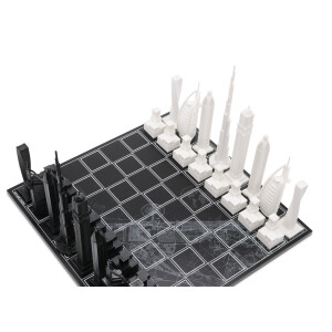 SKYLINE-CHESS - Design - Schach / Schachspiel - Dubai Acrylic Edition / wooden board