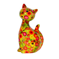 POMME PIDOU XL-Spardose Katze Caramel - grün / rote Blumen