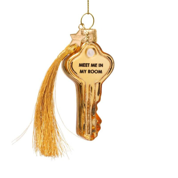 Vondels - Christbaumschmuck aus Glas - shiny gold key with meet me at my room / goldener Schlüssel "Triff mich auf meinem Zimmer" 8cm