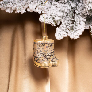 Vondels - Christbaumschmuck aus Glas - champagne panther snow boots / Champagnerfarbene Schneeboots mit Panthermuster 7,5cm