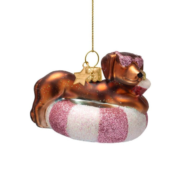 Vondels - Christbaumschmuck aus Glas - multicolor dog on pool float / Dackel auf Schwimmring 6cm