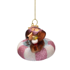 Vondels - Christbaumschmuck aus Glas - multicolor dog on pool float / Dackel auf Schwimmring 6cm