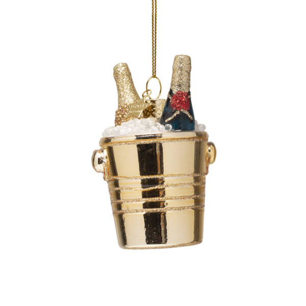 Vondels - Christbaumschmuck aus Glas - bottles of champagne in gold cooler / Champagnerflaschern in goldenem Kühler 7cm