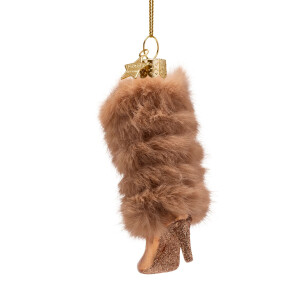 Vondels - Christbaumschmuck aus Glas - boot brown with faux fur - brauner Stiefel m it Pelzbesatz 11,5cm