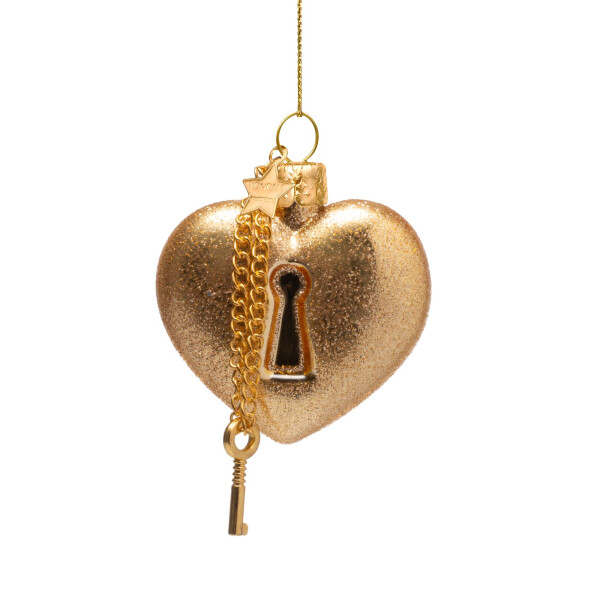 Vondels - Christbaumschmuck aus Glas - gold heart with key lock / goldenes Herz mit Schlüssel 6,5cm