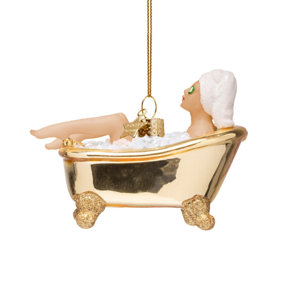 Vondels - Christbaumschmuck aus Glas - woman in a shiny gold bath / Lady in einer goldenen Badewanne 6cm