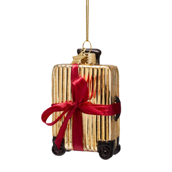 Vondels - Christbaumschmuck aus Glas - shiny gold ribbed suitcase / gold geriffelter Reisekoffer 10cm