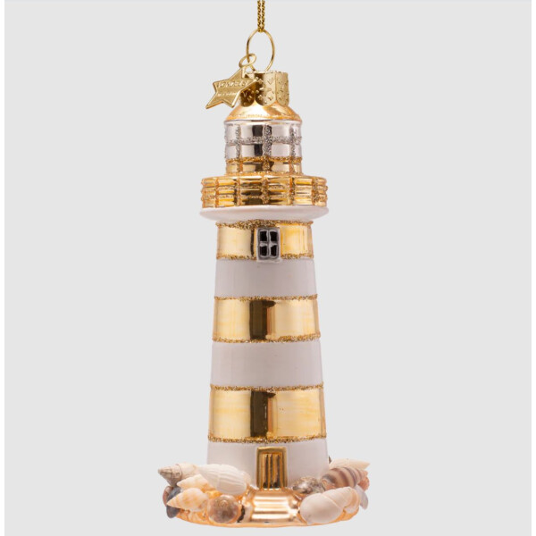 Vondels - Christbaumschmuck aus Glas - lighthouse white-gold / Leuchtturm weiß-gold 12cm