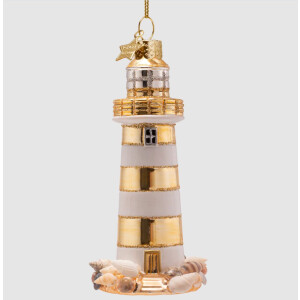 Vondels - Christbaumschmuck aus Glas - lighthouse white-gold / Leuchtturm weiß-gold 12cm