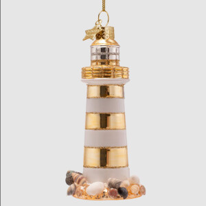 Vondels - Christbaumschmuck aus Glas - lighthouse white-gold / Leuchtturm weiß-gold 12cm