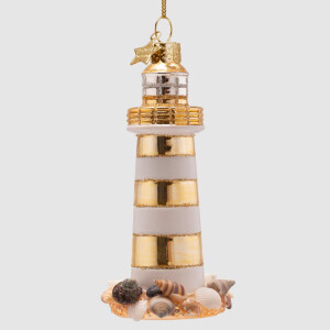 Vondels - Christbaumschmuck aus Glas - lighthouse white-gold / Leuchtturm weiß-gold 12cm