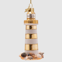 Vondels - Christbaumschmuck aus Glas - lighthouse white-gold / Leuchtturm weiß-gold 12cm