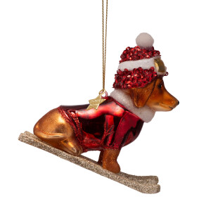Vondels - Christbaumschmuck aus Glas - christmas dog on skies / Weihnachtshund auf Skiern 9,5cm