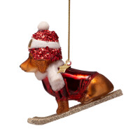 Vondels - Christbaumschmuck aus Glas - christmas dog on skies / Weihnachtshund auf Skiern 9,5cm