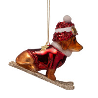 Vondels - Christbaumschmuck aus Glas - christmas dog on skies / Weihnachtshund auf Skiern 9,5cm