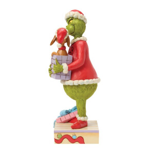 Dr. Seuss THE GRINCH by JIM SHORE - The Grinch Holding Gift with Max Popping Out  / Grinch mit Geschenk & Max - Dekofigur